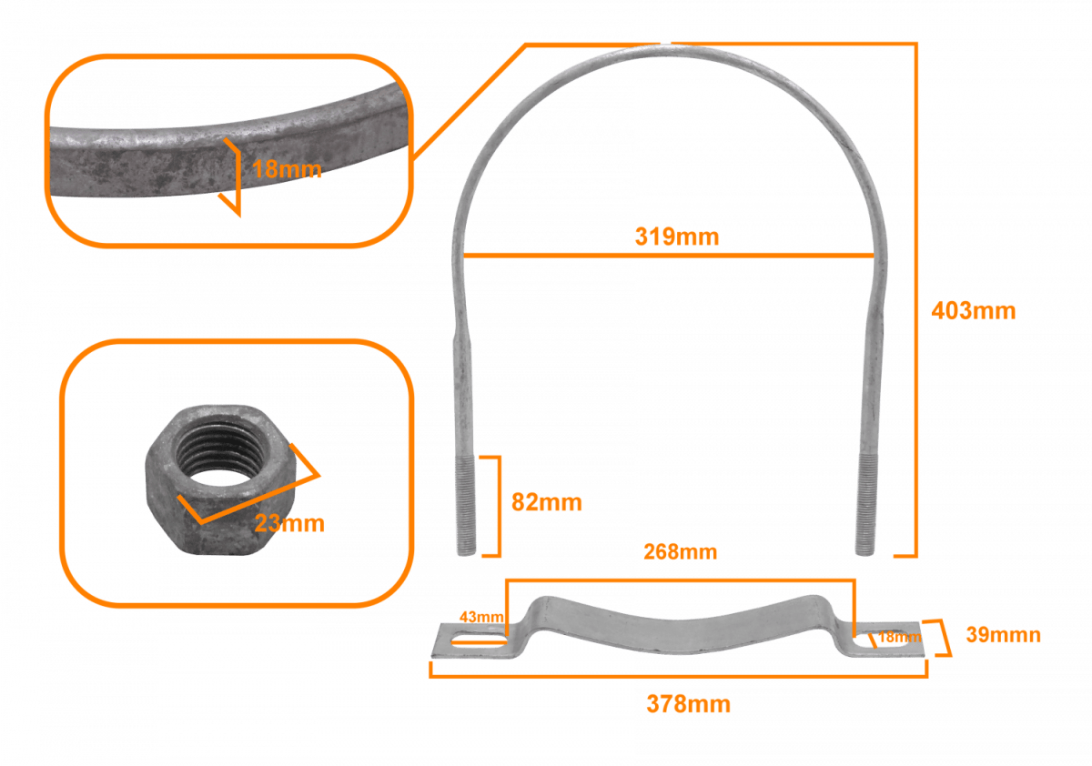 Abrazadera metal, Clamp 310mm 303-319mm Galvanizada para Poste Redondo Tuercas-23mm2