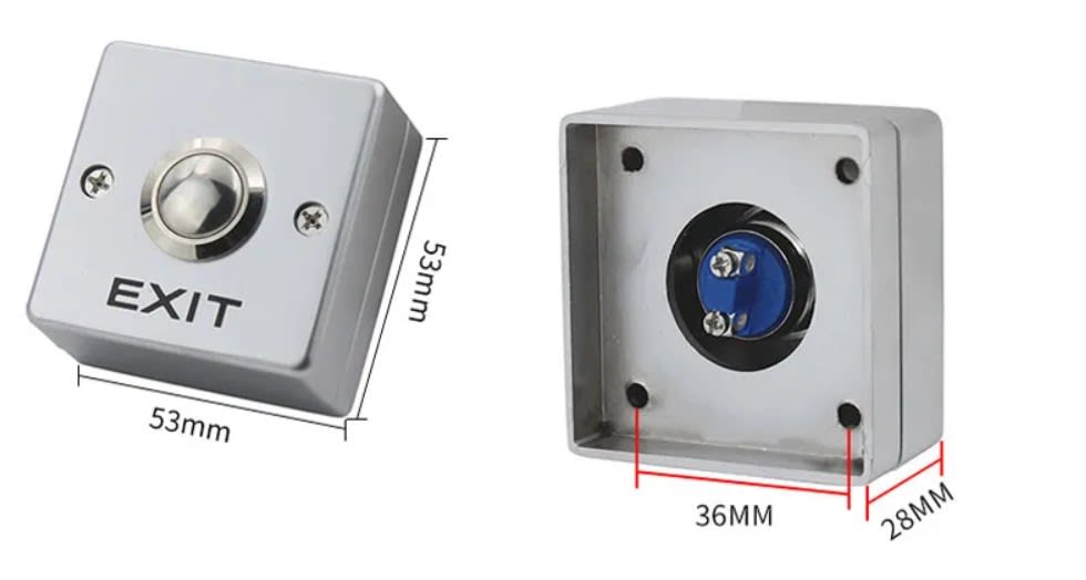 Botón de salida de puerta Exterior, para sistema de Control de acceso y otros. 53x53x28mm2