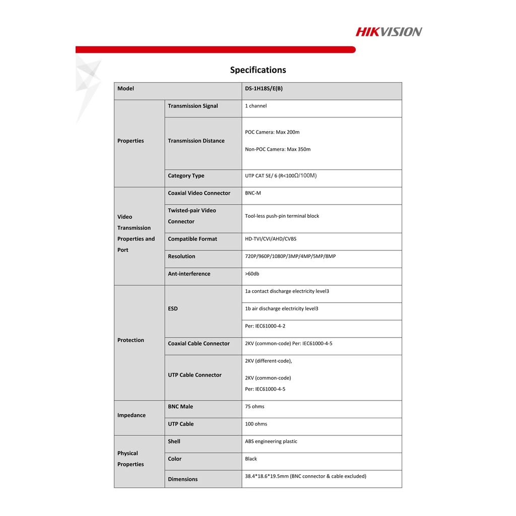 Video Balun, Set 4K Ponchable DS-1H18S/E-C Hikvision x 100 unidades3