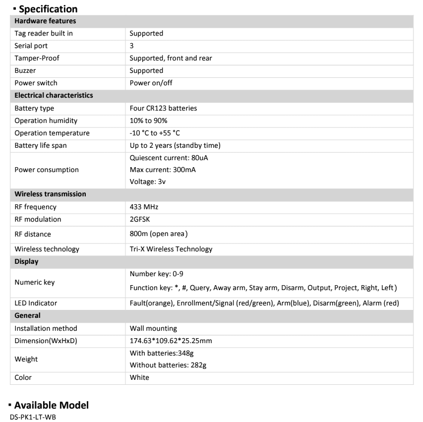 Teclado LCD Inalámbrico DS-PK1-LT-WB Hikvision4