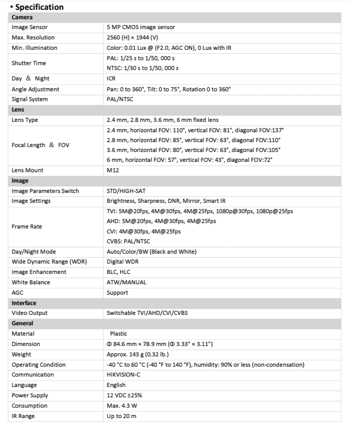 Turret TVI 5MP IR20M DS-2CE76H0T-ITPF 2.8mm (C) Hikvision3