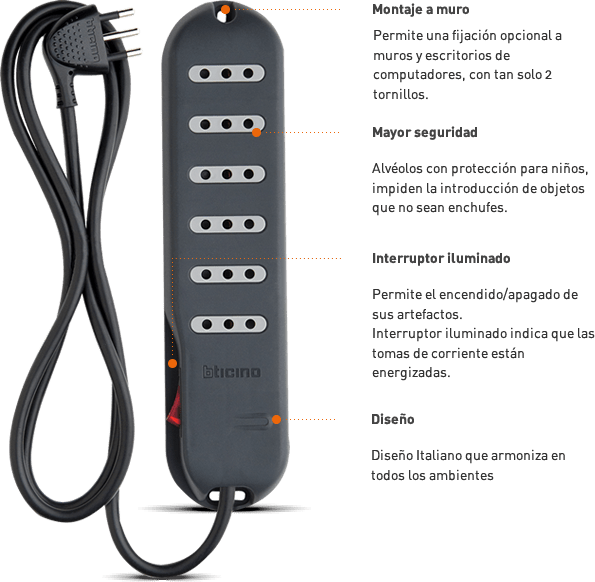 ZAPATILLA SWITCH-PILOTO BTICINO 5MT 6-ENCHUFES ALARGADOR NEGRO 10a2