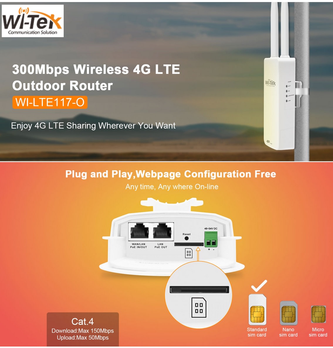 Router LTE 4G WIFI Outdoor 1XFE Poe IN 1XFE Poe OUT / 48-54VDC Wi-Tek2