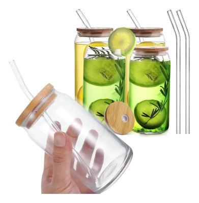 4 Vasos Vidrio Tapa Bambu 550ml Con Bombilla