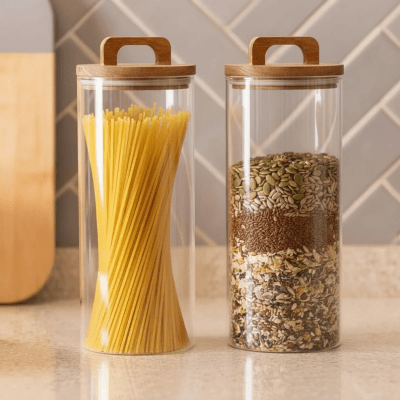 2 Frascos Cilíndrico Vidrio 1500ml Tapa Acacia Con Asa