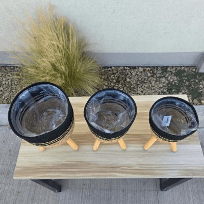 Set De 3 Macetas Tejida Yute Con Patas Madera Decorativo