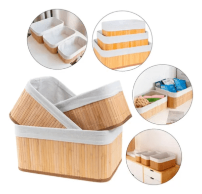 Set De 3 Canasto Cesta Bambu