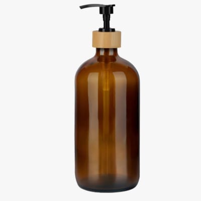 Dispensador Jabon Botella Vidrio Ambar 500 Ml con tapa Bambu