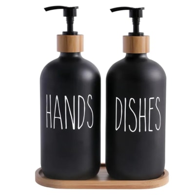 Set 2 Dispensadores De Jabon Vidrio Con Bandeja De Bambu1