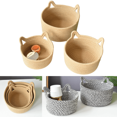 Set 3 Canastos Tejido Gato Cesta Organizador Decoracion1