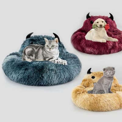 Cama Mascota Suave Cálida Redonda Diseño Monstruo felpa4