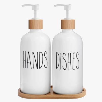 Set 2 Dispensadores De Jabon Vidrio Con Bandeja De Bambu  “SOAP & LOTION”1