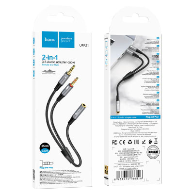 CABLE DE AUDIO 2 EN 1 JACK 3.5MM 2 MACHO 1 HEMBRA - HOCO UPA21 25CM