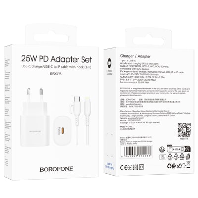CARGADOR RÁPIDO TIPO C + CABLE LIGHTNING PARA IPHONE PD25W - BOROFONE BA82A