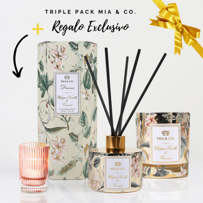 DOBLE PACK + REGALO: VANILLA & COCONUT: DIFUSOR + VELA MIA & CO + PORTA VELA DE REGALO DOBLE PACK + REGALO: VANILLA & COCONUT: DIFUSOR + VELA MIA & CO + PORTA VELA DE REGALO