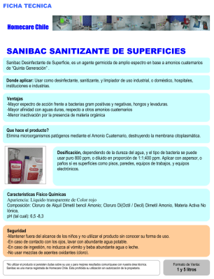DESINFECTANTE PARA SUPERFICIES SANIBAC (sales de amonio cuaternario de 5ta generación) DESINFECTANTE PARA SUPERFICIES SANIBAC (sales de amonio cuaternario de 5ta generación)