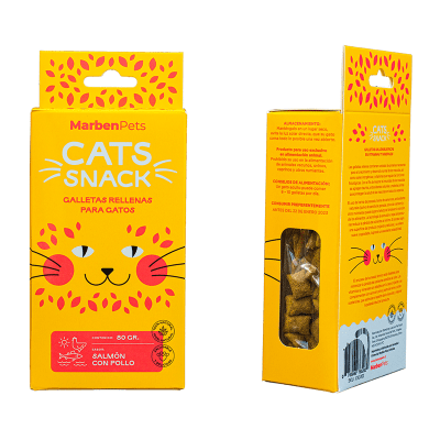 CATS SNACK. GALLETAS RELLENAS SALMÓN Y POLLO 80 GR