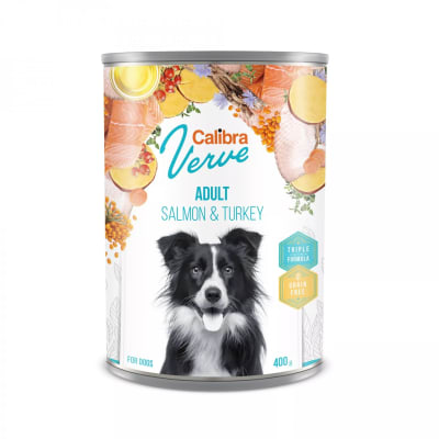 CALIBRA DOG VERVE GRAIN FREE LATA ADULTO SALMON Y PAVO 400GR1