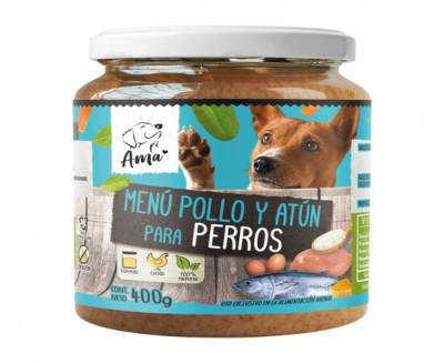 AMA ALIMENTO HUMEDO NATURAL PERRO MENU POLLO Y ATUN VIDRIO 400GR1