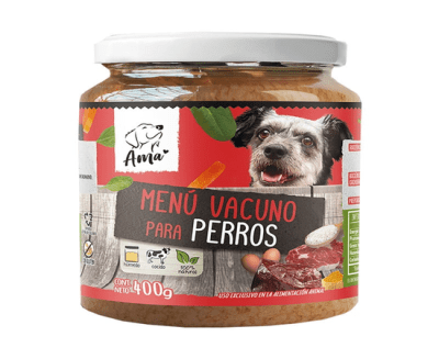 AMA ALIMENTO HUMEDO NATURAL PERRO MENU VACUNO VIDRIO 400GR1