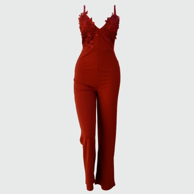 ENTERIZO PALAZO TIRAS PECHO CON ENCAJE ROJO CEREZA - HAUTE MONDE