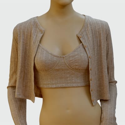 CONJUNTO DE HILO TOP + CARDIGAN  BEIGE - BLASHE