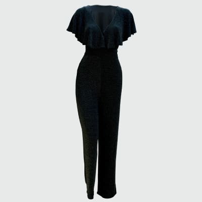 ENTERIZO PANTALON ESCOTE CRUZADO VOLANTES Y LAZO NEGRO BRILLOS - HAUTE MONDE