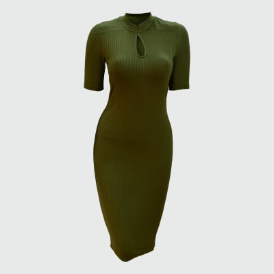 VESTIDO RIB LARGO CUELLO CERRADO ESCOTE VERDE MILITAR - IRIS1