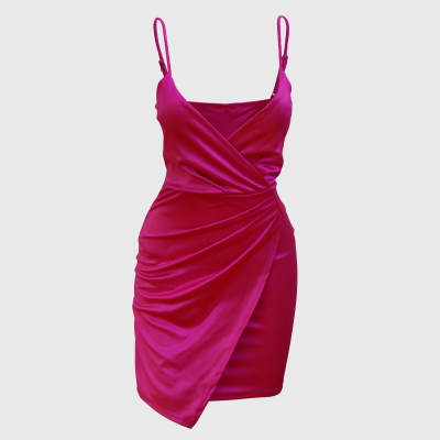 VESTIDO TIRAS ESCOTE V CRUZADO FALDA CON RECOGIDO LATERAL FUCSIA - BLASHE1