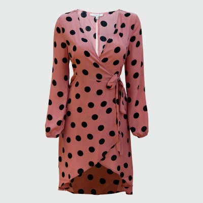 VESTIDO GAZA M/LARGA ENVOLVENTE PALO ROSA PUNTOS NEGROS - STORY ON1