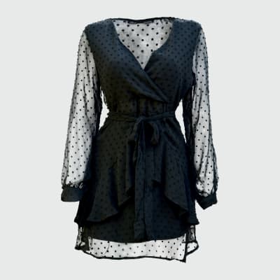 VESTIDO GAZA M/LARGA CUELLO V CRUZADO LAZO NEGRO - HAUTE MONDE