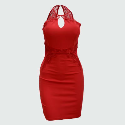 VESTIDO CUELLO ALTO CON ESCOTE CON ENCAJE Y BORDADO ROJO - HAUTE MONDE