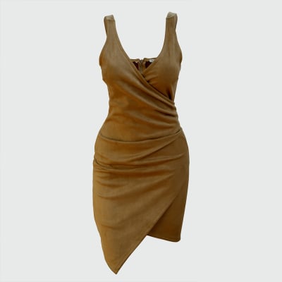 VESTIDO GAMUZADO CON PLIEGUE LATERAL MANGA CERO COLOR ENTERO - HAUTE MONDE