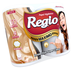 PAPEL HIGIENICO REGIO MAXIMO 50 MTS X 4 ROLLOS D/H 12 PACKS