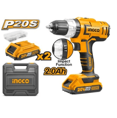 TALADRO PERCUTOR + 2 BAT 2AH Y CARG RAP 20V/13MM INGCO CIDLI200311