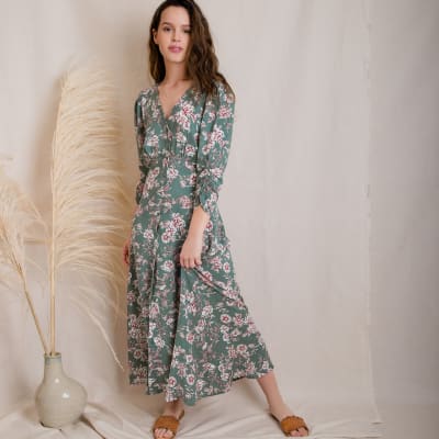 Vestido Londres flores verde cemento Vestido Londres flores verde cemento