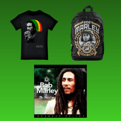 PACK MOCHILA BOB MARLEY + POLERA NEGRA HOMBRE L + VINILO GRANDES EXITOS
