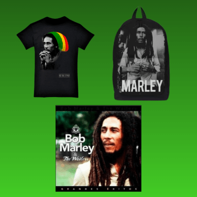 PACK MOCHILA BOB MARLEY + POLERA NEGRA HOMBRE M + VINILO GRANDES EXITOS