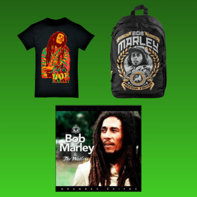 PACK MOCHILA BOB MARLEY + POLERA NEGRA HOMBRE TALLA L + VINILO GRANDES EXITOS