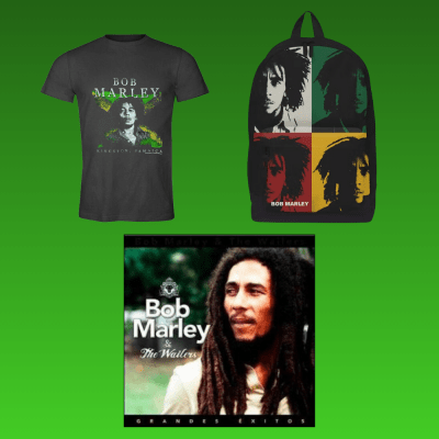 PACK MOCHILA BOB MARLEY + POLERA NEGRA JAMAICA L + VINILO GRANDES EXITOS