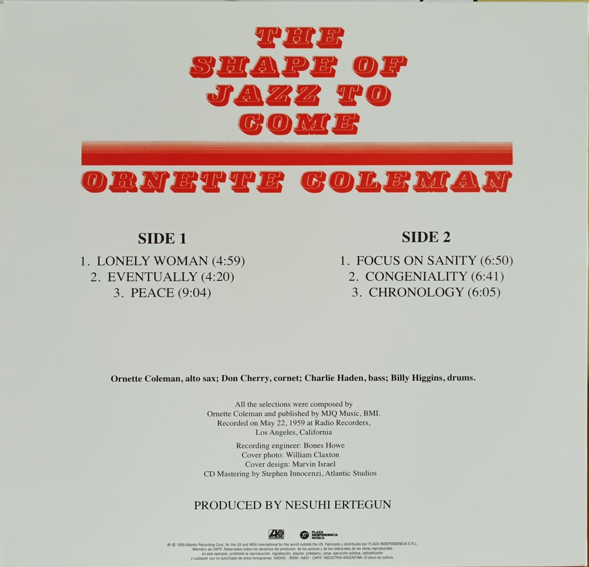 VINILO ORNETTE COLEMAN/ THE SHAPE OF JAZZ 1LP1