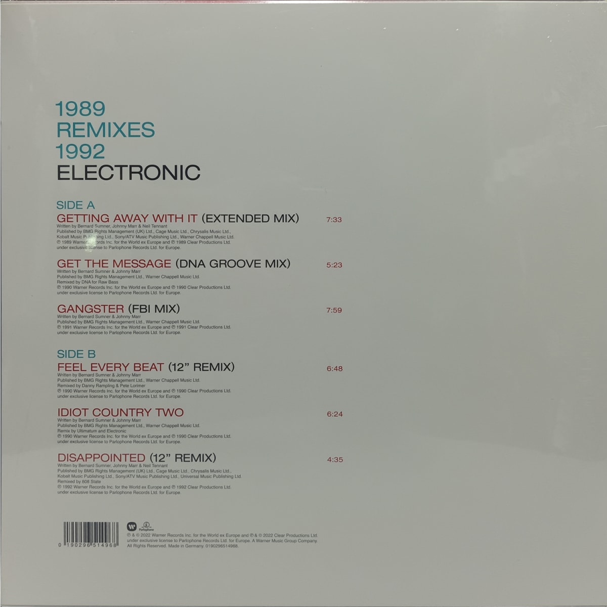 VINILO ELECTRONIC/ 1989 REMIXES 1992 (MINI ALBUM) 1LP2