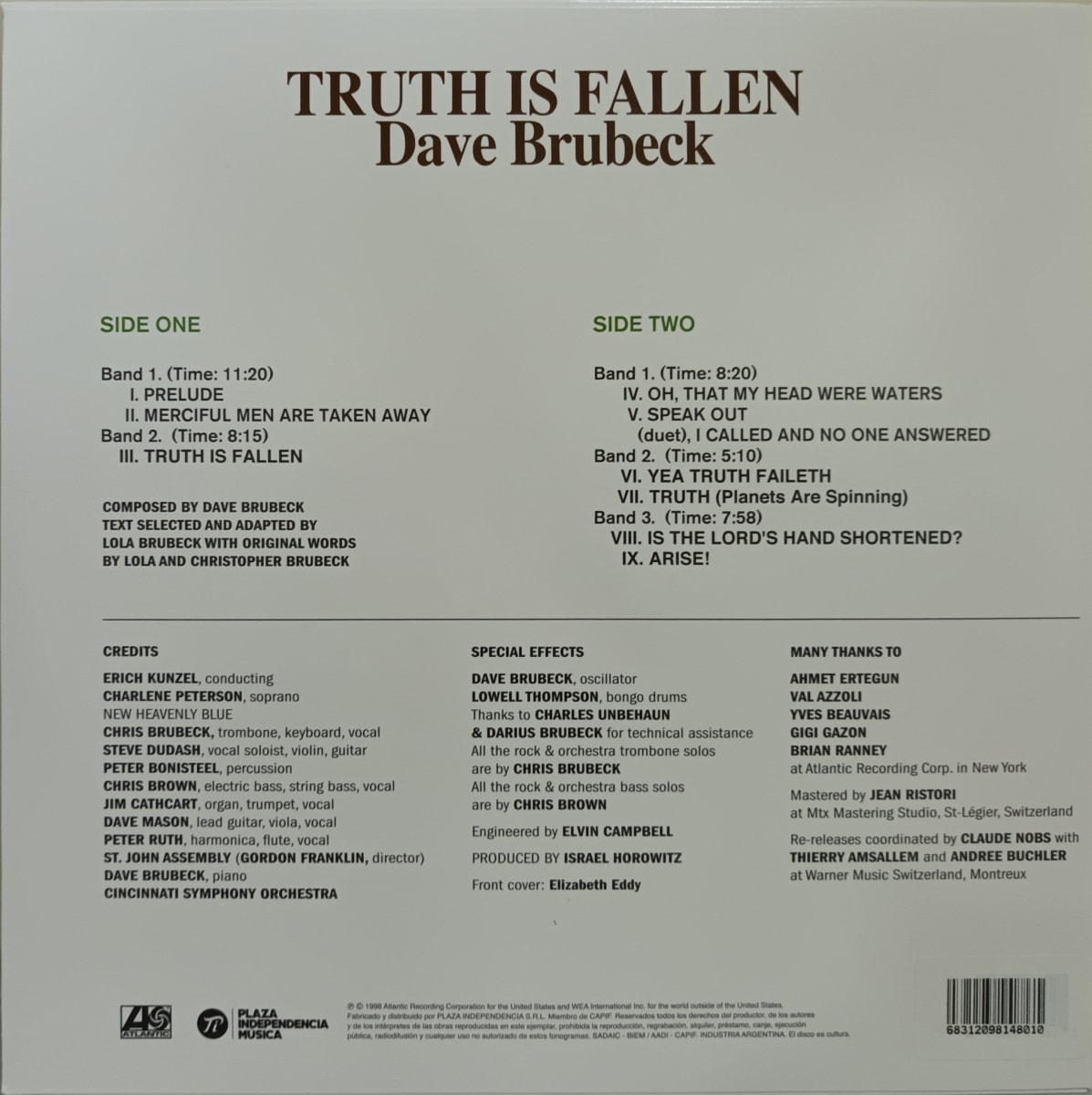 VINILO DAVE BRUBECK/ TRUTH IS FALLEN 1LP2