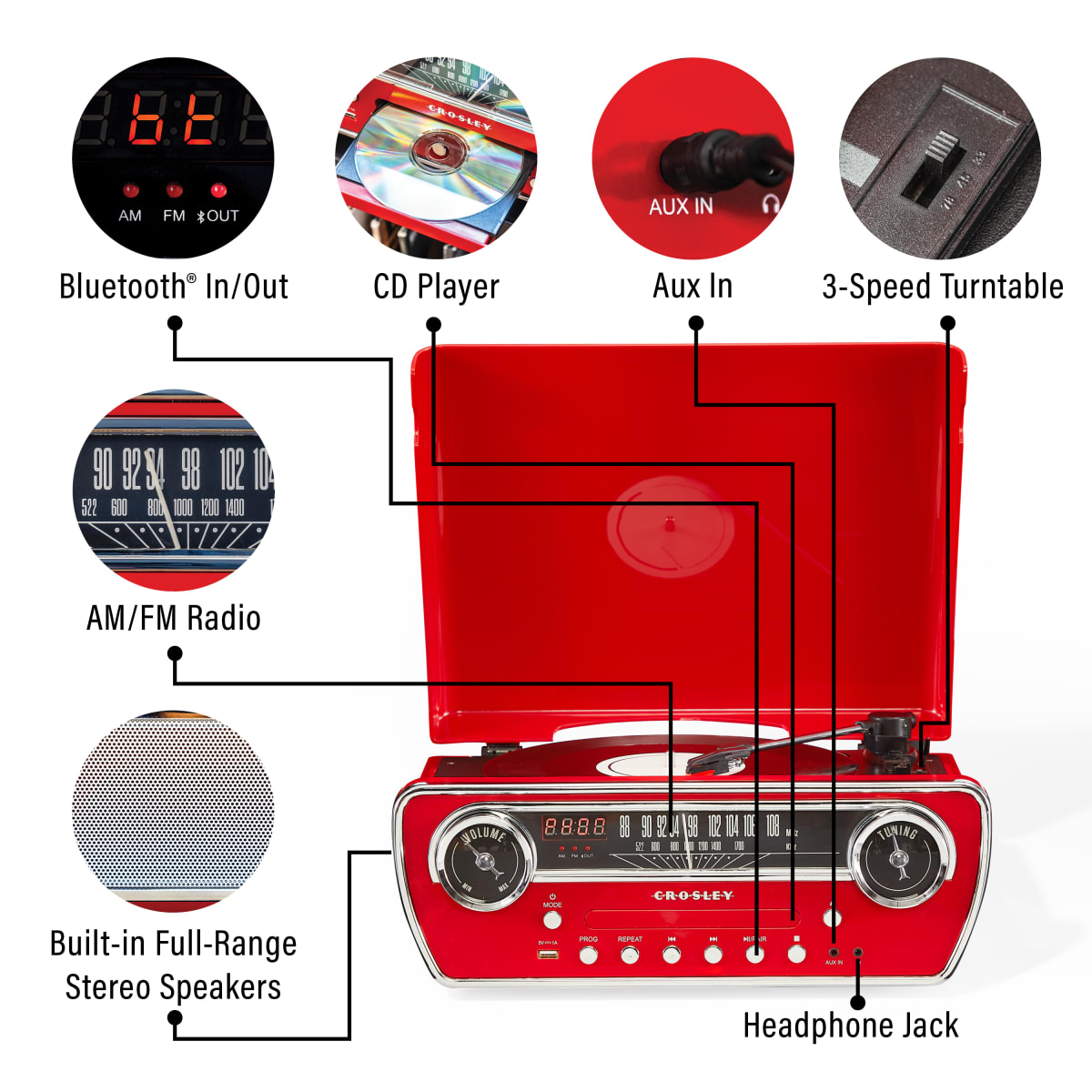 TORNAMESA CROSLEY/ POWEL 7-IN-1 RECORD PLAYER BT RED5