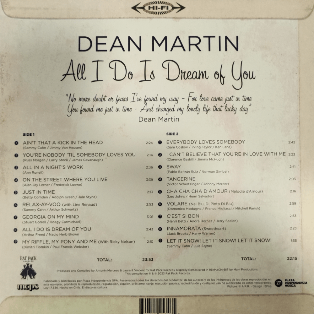 VINILO DEAN MARTIN/ ALL I DO IS DREAM OF YOU 1LP2