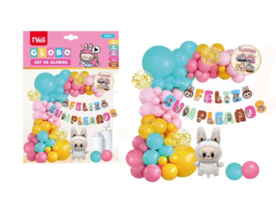 SET DE DECORACION DE GLOBOS FELIZ CUMPLEAÑOS LABUBU GRIS