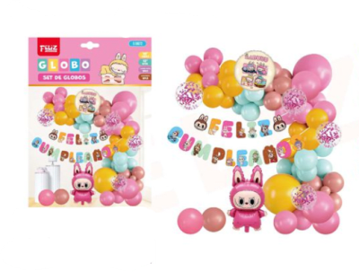 SET DE GLOBOS FELIZ CUMPLEAÑOS LABUBU ROSA