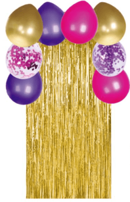 PACK CORTINA DORADA CON GLOBOS MORADOS/DORADOS/ROSADOS/TRANSPARENTE CON CONFETI