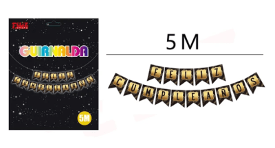 GUIRNALDA FELIZ CUMPLEAÑOS NEGRO Y DORADO 5 MTS