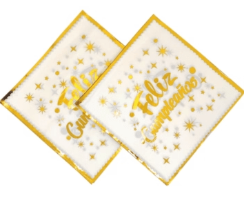 SERVILLETA FELIZ CUMPLEAÑOS BLANCO-DORADO X16 UND 33X33 CM